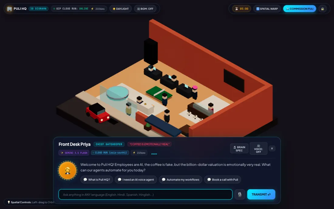 An isometric low-poly office where an AI receptionist greets visitors