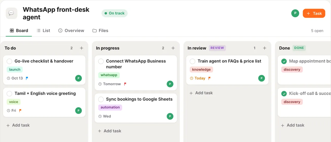 A kanban board in puli drive with tasks for a WhatsApp agent project